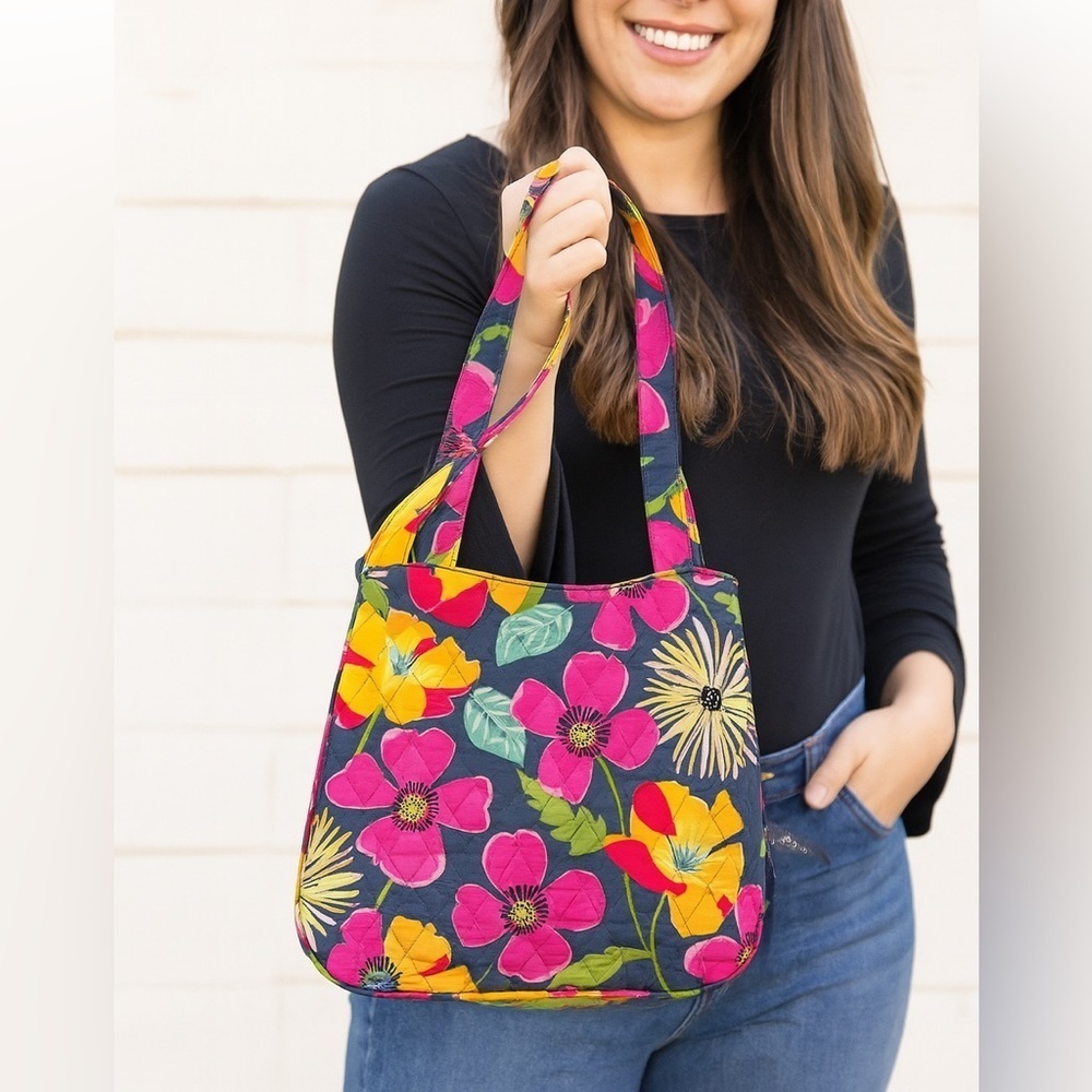 Vera Bradley Gray Floral Print Quilted Medium Size Shoulder Bag